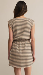 Beige and black striped sleeveless mini dress with an elasticated waist.