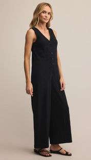 Black sleeveless jumpsuit with button-down front and wide-leg design.