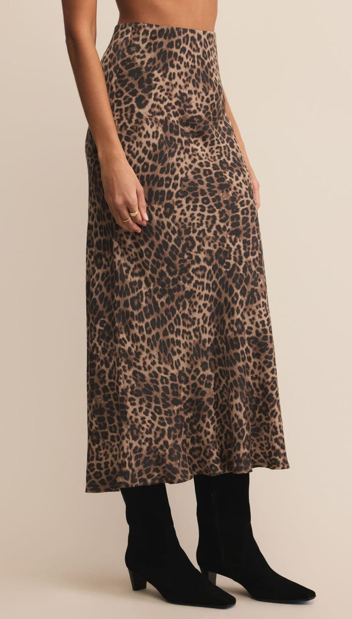 Leopard print maxi skirt with black suede ankle boots.