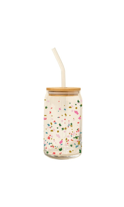 Holiday Can Glass w/Lid + Straw - GIFT