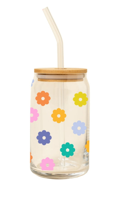 Daisy Beer Can Glass w/Lid + Straw - GIFT