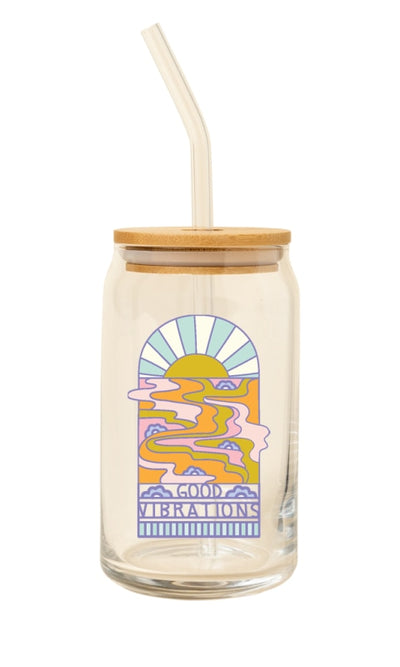Good Vibrations Beer Can Glass w/Lid + Straw - GIFT