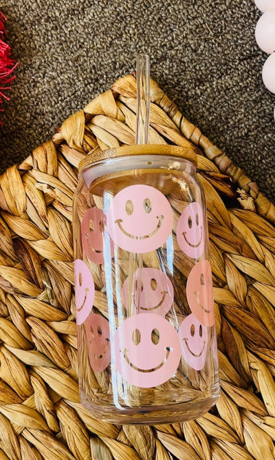 Happy Faces Beer Can Glass | Happy Face Iced Coffee Glass | GLASS ONLY - GIFT