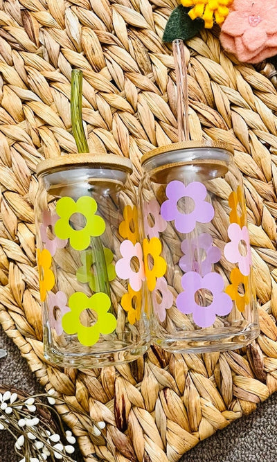 Summer Retro Flowers Beer Can Glass | GLASS ONLY - Pink Lilac & Yellow - GIFT